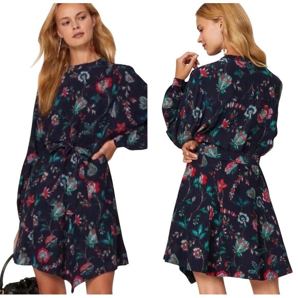 Derek Lam A-Line Navy Floral Print Long Sleeve Belted Mini Dress Sz 38/Sm - Picture 1 of 16